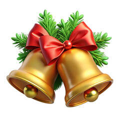 Golden christmas bells tied with a red ribbon and pine branches