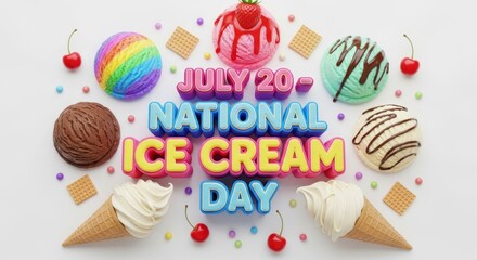 A festive national ice cream day layout with scoops, cones, cherries, and colorful sprinkles