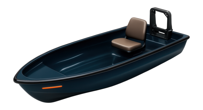 Fiberglass river skiff with flat bottom and outboard motor mount