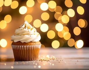 Festive Vanilla Cupcake with Gold Sprinkles and Warm Bokeh Lights