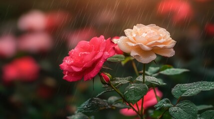 Fototapeta premium Colorful roses bloom in the garden amidst gentle rain at sunset
