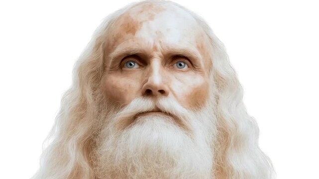 A mature Caucasian male with long white hair and beard gazes thoughtfully, evoking themes of wisdom, spirituality, and introspection celibacy sage-like