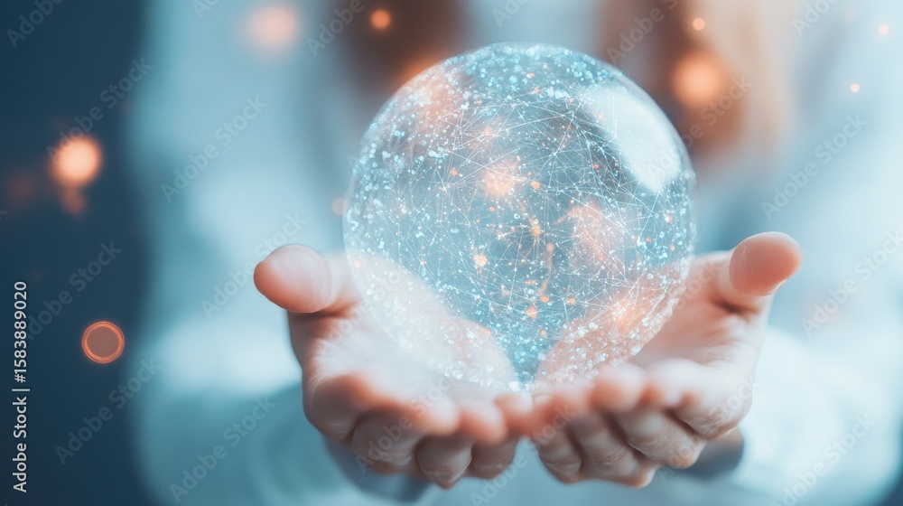 Poster creative representation of a digital globe held in hands symbolizing connection