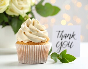 Elegant Vanilla Cupcake with "Thank You" Card and White Roses