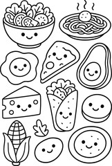 Kawaii Food Character Set – Vector Illustration of Cute Cartoon-Style Salad, Spaghetti, Pizza, Avocado, Cheese, Burrito, Cookie, Corn, Lettuce, and Potato