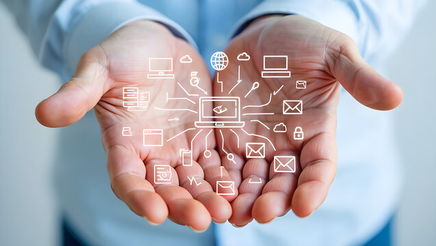 A man holds technology icons in his palms, a concept illustrating connectivity, digital solutions, and innovative communication for modern business.