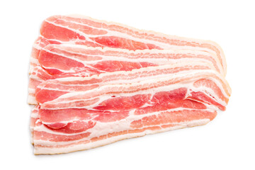 Slices of raw bacon isolated on white background.
