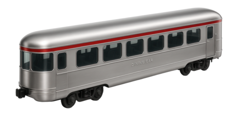 Dining car with elongated windows and a distinctive red stripe along its side