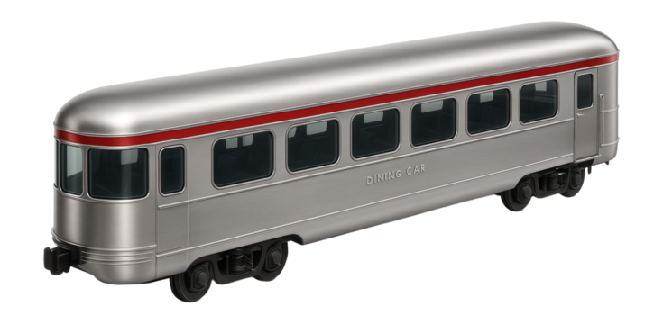 Dining car with elongated windows and a distinctive red stripe along its side