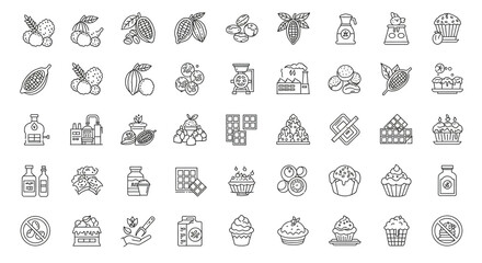 Collection of outline icons depicting cocoa beans and chocolate products in black and white
