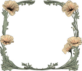 Art nouveau style border, frame with yellow hibiscus flowers, copy space, open top in square to oval design