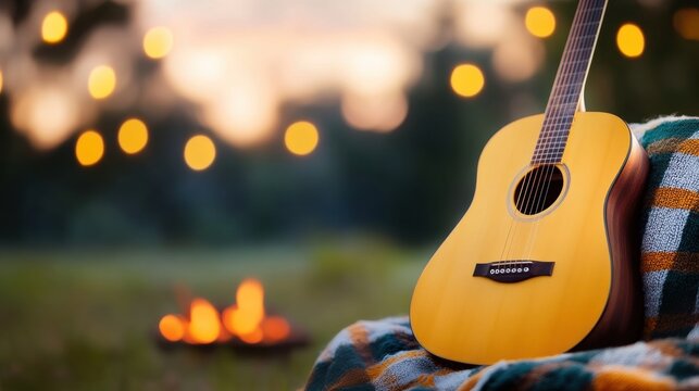 Evening campfire gathering with guitar on a cozy blanket - Powered by Adobe