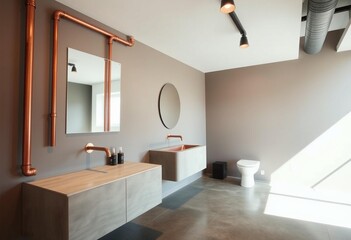 Industrial-chic bathroom with concrete vanity and exposed copper piping