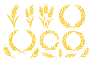 A collection of wheat ear icons and design elements, including harvested wheat grains, growing rice stalks, and whole grains of bread or field cereals rich in nutrients