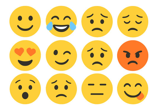 Emoticon set, collection of emoji faces in flat style, including happy and sad emojis and a line smiley face -  vector