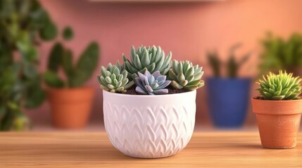 Succulent plants in decorative pots on wooden table with background greenery