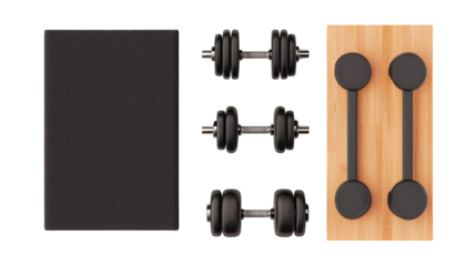 A set of fitness equipment including a black exercise mat, three adjustable dumbbells with weight plates, and a wooden push-up board with handles.