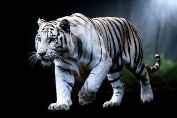 Obraz premium A dramatic photograph of a white Bengal tiger in a dark setting. The tiger is walking from left to right, captured in sharp detail against a black background.