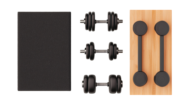 A set of fitness equipment including a black exercise mat, three adjustable dumbbells with weight plates, and a wooden push-up board with handles.