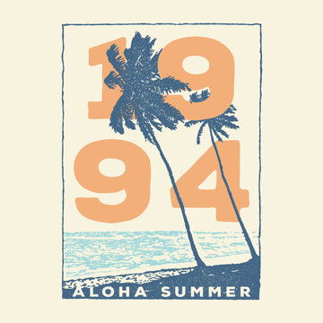 1994 Summer vibes graphic print design for t shirt, Artistic palm tree with beach waves vector also sunset, summer vibes hand draw, summer slogan with beach illustration, Hawaii, Aloha surf typograph