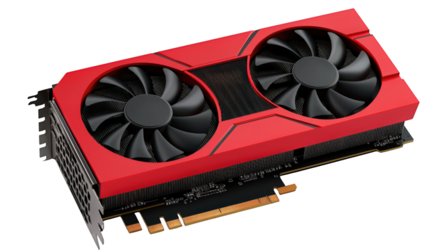 A high-performance graphics card with dual cooling fans and a red outer casing designed for efficient heat dissipation and enhanced gaming or computing performance.