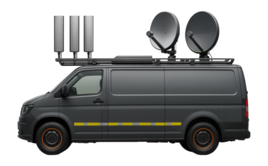 Communications support vehicle with roof-mounted signal boosters and dish arrays
