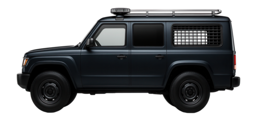 Dark navy patrol wagon with rooftop light rack and barred rear window