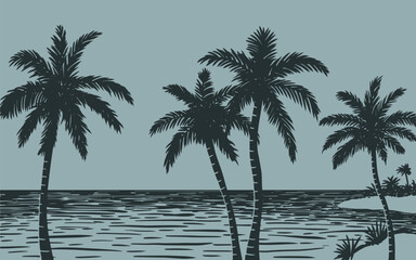 Vector print silhouette of ocean and palm trees on the beach
