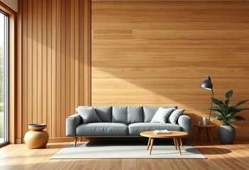 Modern living room with honey-toned oak slat wall and minimalist decor