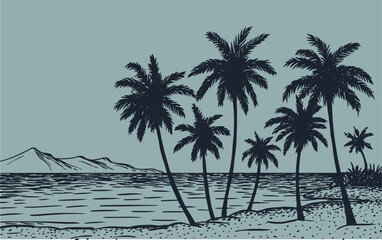 Vector print silhouette of ocean and palm trees on the beach