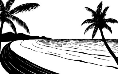 Vector print silhouette of ocean and palm trees on the beach