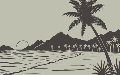 Vector print silhouette of ocean and palm trees on the beach, sunset