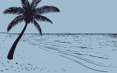 Vector print silhouette of ocean and palm trees on the beach