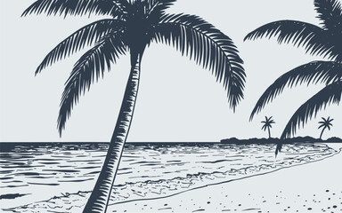 Vector print silhouette of ocean and palm trees on the beach