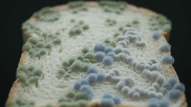 Time-Lapse Macro of Mold Growing on Bread Slice with Spreading Textures in Loop