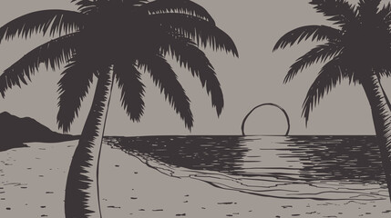 Vector print silhouette of ocean and palm trees on the beach, sunset