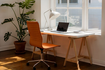 A modern home office setup with a minimalist wooden trestle desk positioned against a white wall with a large window. 