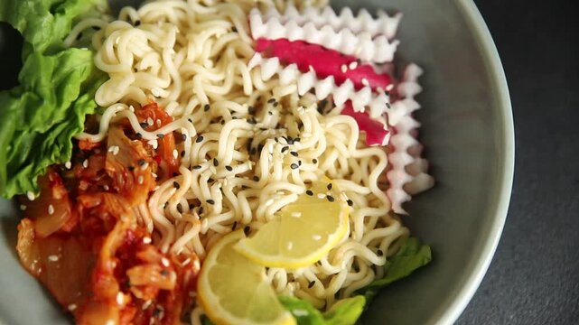 Budha boul noodle fresh gourmet food background on the table rustic food top view copy space vegan and vegetarian food