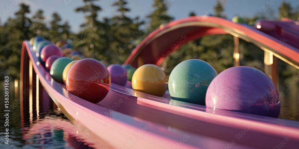 Fototapete 3d animation of slide balls on rotating bridges loop