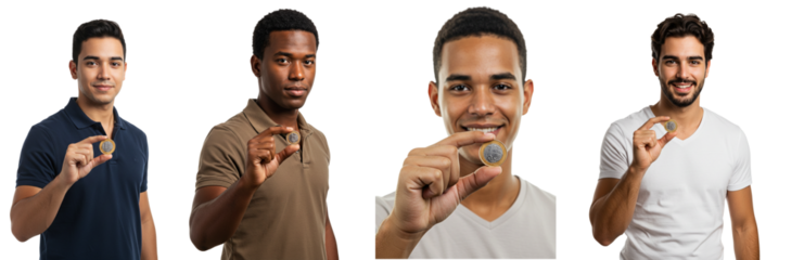 homem segurando moeda de um real, economia, fundo transparente - man holding a real coin (Brazilian currency), economy, transparent background