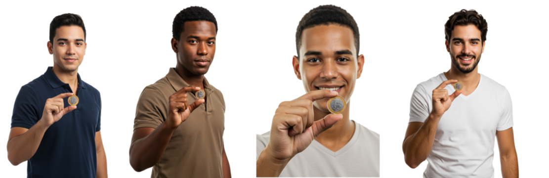 homem segurando moeda de um real, economia, fundo transparente - man holding a real coin (Brazilian currency), economy, transparent background