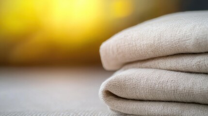 Soft linen towels neatly arranged against a warm, glowing background