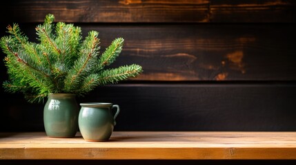 Green pine branch in decorative pots on wooden table with dark background