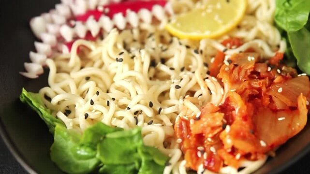 Budha boul noodle fresh gourmet food background on the table rustic food top view copy space vegan and vegetarian food