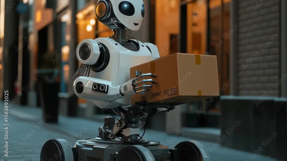 Aufkleber a robot is holding a box and smiling. the robot is in a city street. the robot is a robot that is de