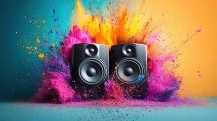 Vibrant speakers surrounded by colorful powder explosion in bright background