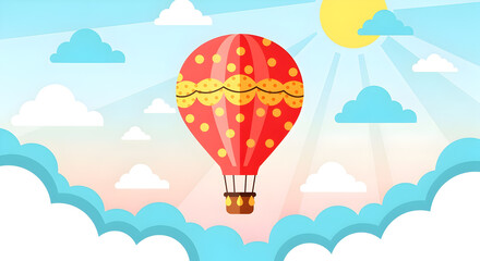 Air Balloon Flying in Clouds Flat Style Vector Illustration for Travel Adventure and Freedom Concepts