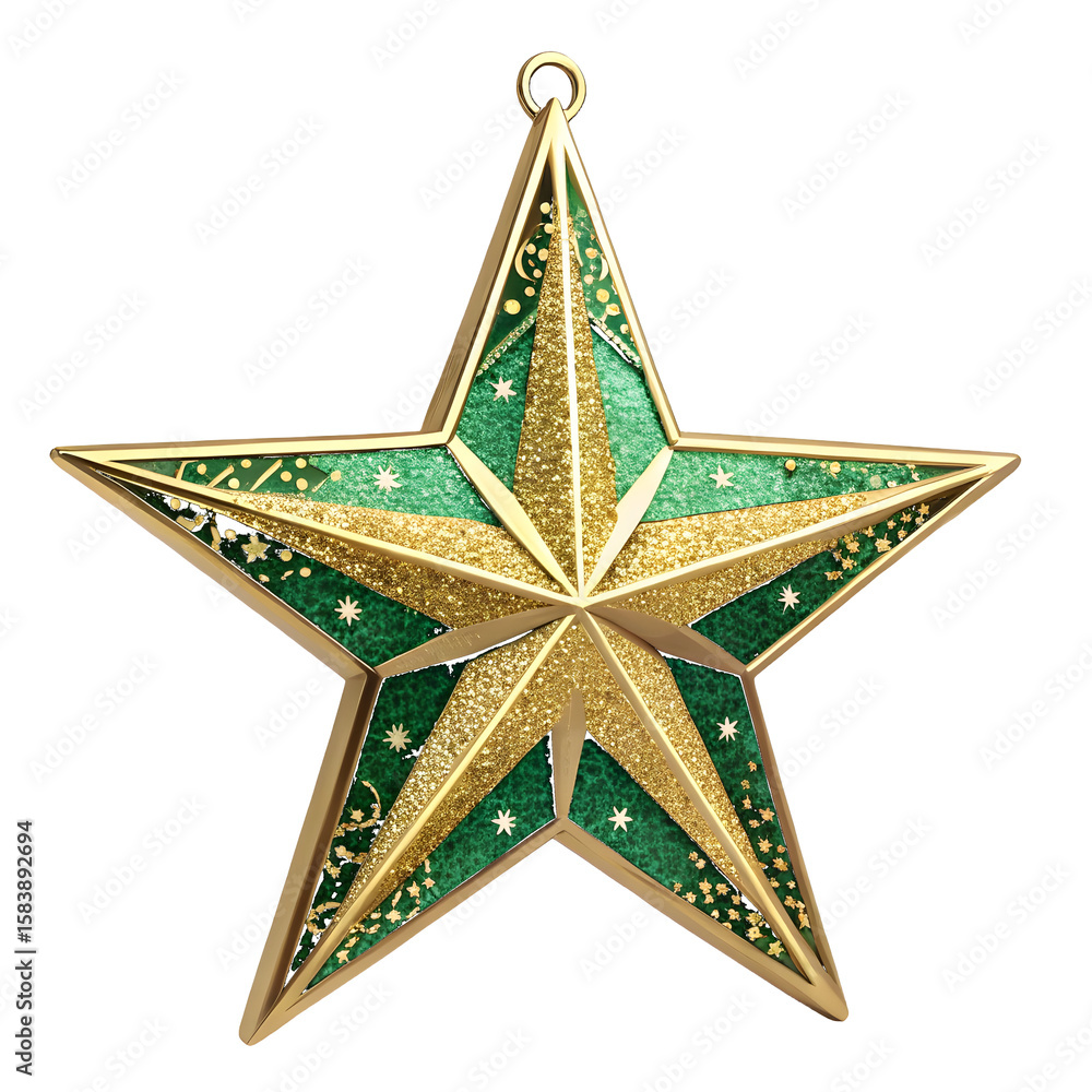 Poster green and gold five pointed star ornament with glitter and celestial patterns isolated on a transpar