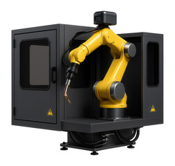 Fototapeta premium Spot welding robot cell with safety enclosure and vision system for quality assurance in automotive production.