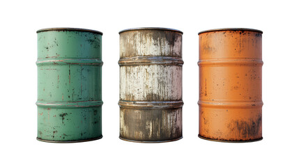 Obraz premium Three rusty metal barrels in green, white, and orange colors, showing signs of wear and weathering.